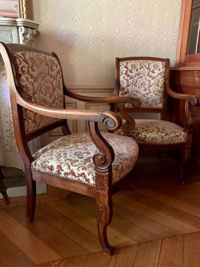 Pair of mahogany armchairs, the square back...