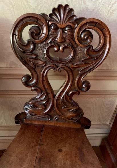 Two walnut caquetry chairs, the openwork...