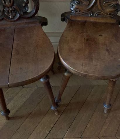 Two walnut caquetry chairs, the openwork...