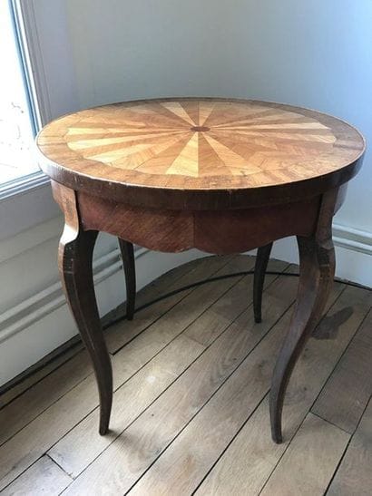 Pedestal table in veneer wood, inlaid top...