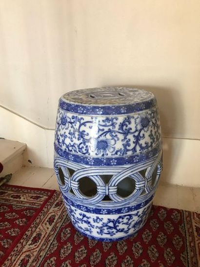 Chinese earthenware stool with blue monochrome...