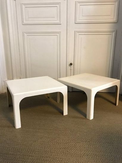 Pair of square coffee tables in cream lacquered...
