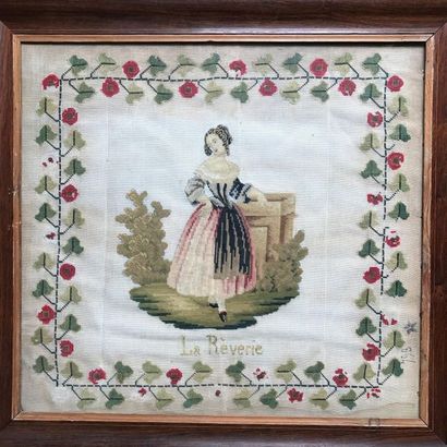 Tapestry representing a young girl leaning...
