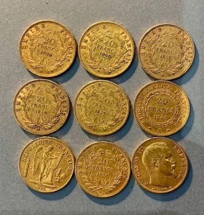 FRANCE.Neuf pièces en or jaune de vingt francs.
Sept...