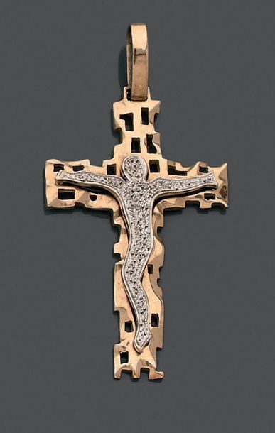 Croix pendentif en or jaune repercé 18K (750),...