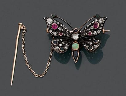 Broche en or jaune 18K (750) et argent (800),...