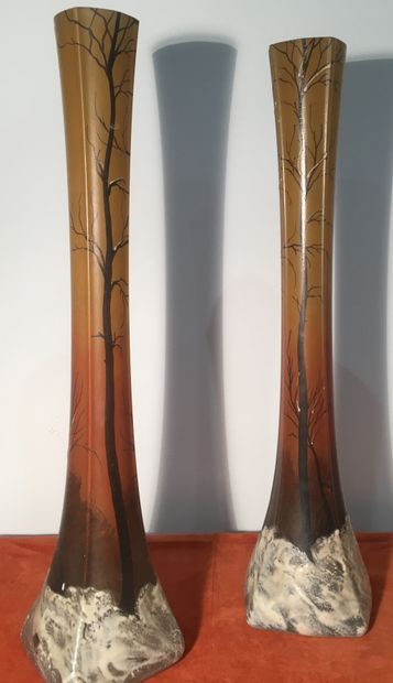 LEGRAS.
Pair of high neck glass vases with...
