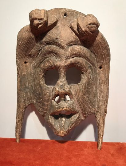Death mask in natural patinated wood. 
NAHUATL,...
