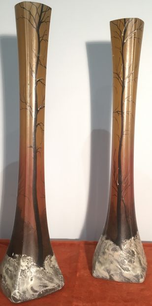 LEGRAS.
Pair of high neck glass vases with...