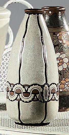 Cracked stoneware ovoid vase enamelled cream,...