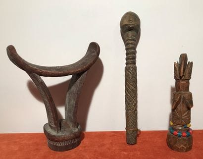 Set of three African objects: neck rest,...