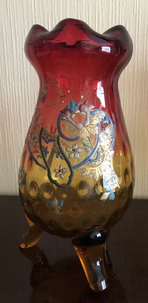 Pair of red and amber glass tripod vases,...