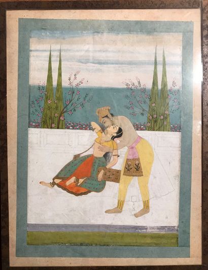 Mughal miniature with gold highlights representing...