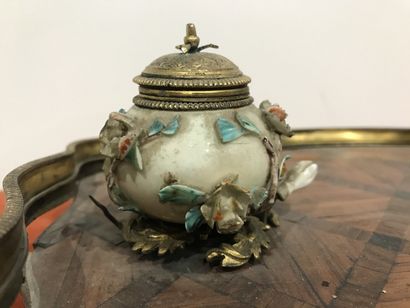 A desk inkwell, the top inlaid with crosses...