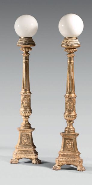 Pair of large giltwood columns, the fluted...