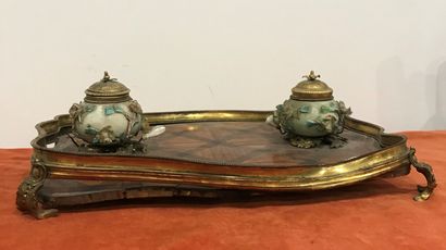 A desk inkwell, the top inlaid with crosses...