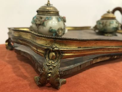 A desk inkwell, the top inlaid with crosses...