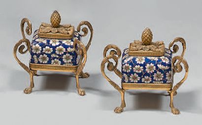 A pair of small Canton enamel cassolettes...