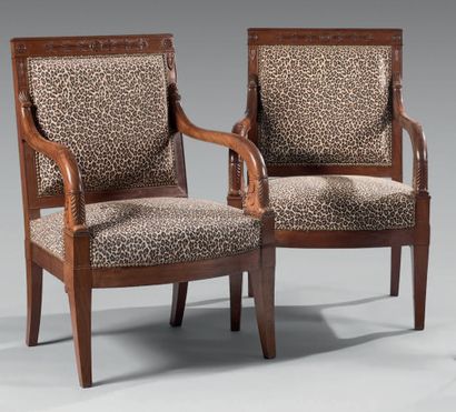 Pair of mahogany armchairs carved with fleurons,...
