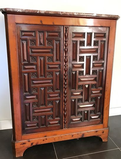 Small low fruitwood cupboard, the uprights...