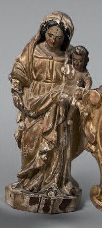 Statuette de Vierge à l'Enfant en bois doré...