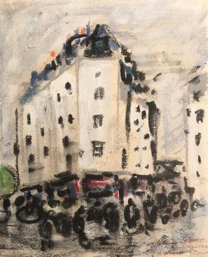 Ecole moderne :
RUE ANIMÉE. Gouache.
À vue...