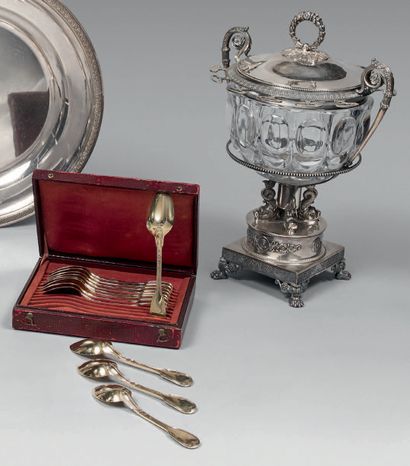 Silver and crystal jam cup and twelve small...