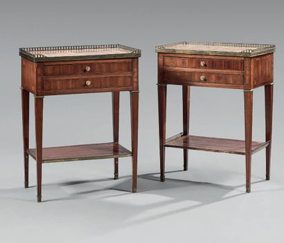 A pair of small veneered tables with inlaid...