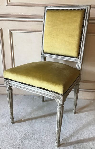 Suite of six grey lacquered wood chairs,...