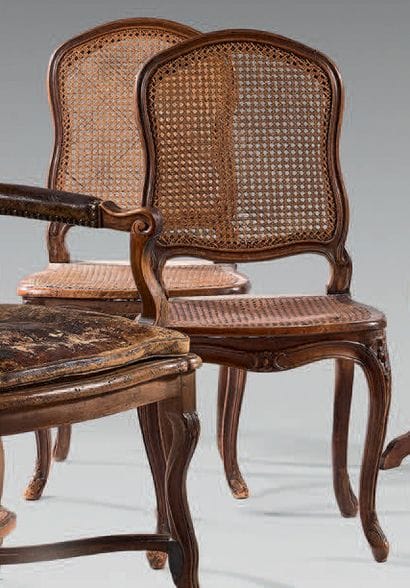 Pair of flat-back chairs in natural wood,...