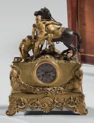 Important patinated and gilt bronze clock,...