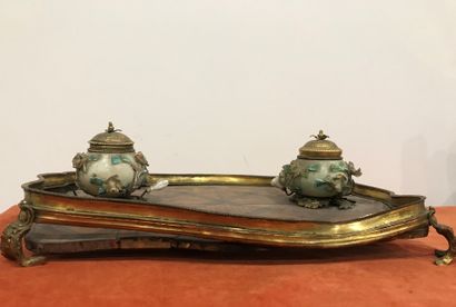 A desk inkwell, the top inlaid with crosses...