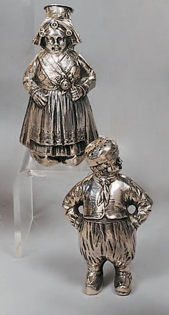 Two silver saltshakers (800), representing...