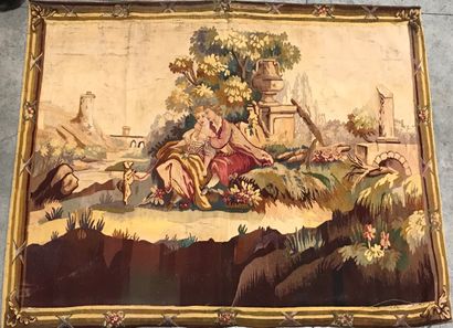 Tapisserie en laine à décor de scène galante...