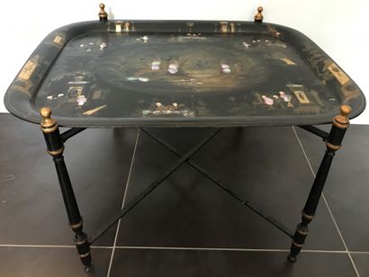 Large black lacquered sheet metal tray with...