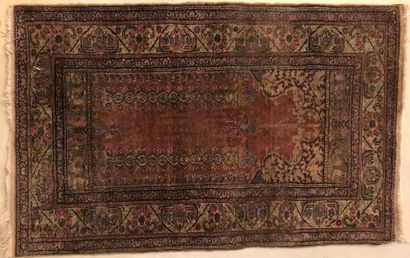 Small woolen prayer rug, the mihrab with...