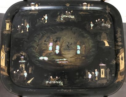 Large black lacquered sheet metal tray with...