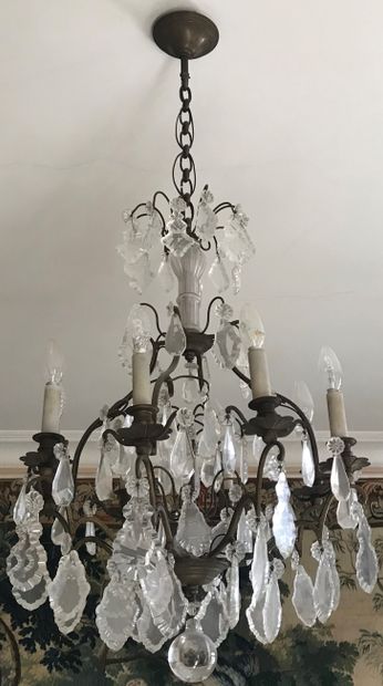 Black patinated metal chandelier with eight...