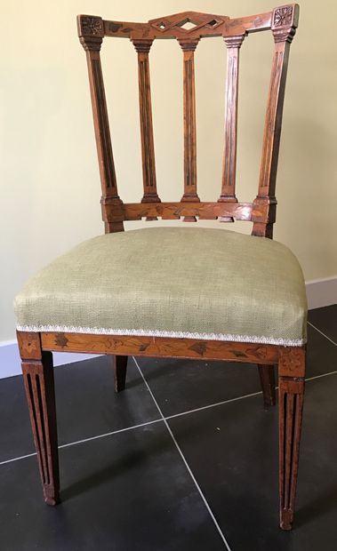Pair of fruitwood chairs inlaid with flowery...