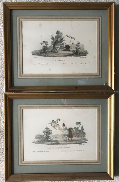 Pair of small romantic engravings in color...