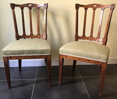 Pair of fruitwood chairs inlaid with flowery...
