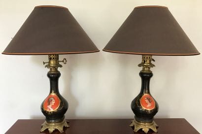 Pair of old porcelain oil lamps, baluster...