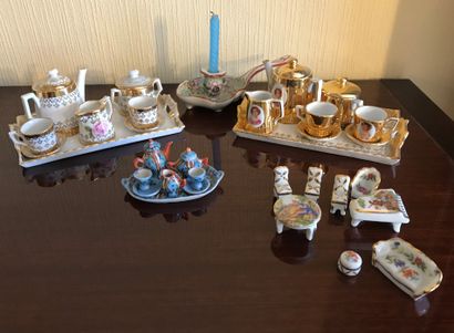 Set of miniature porcelain objects with polychrome...