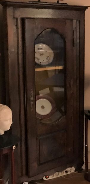 Rustic oak corner display case with moulded...