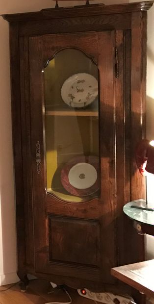 Rustic oak corner display case with moulded...