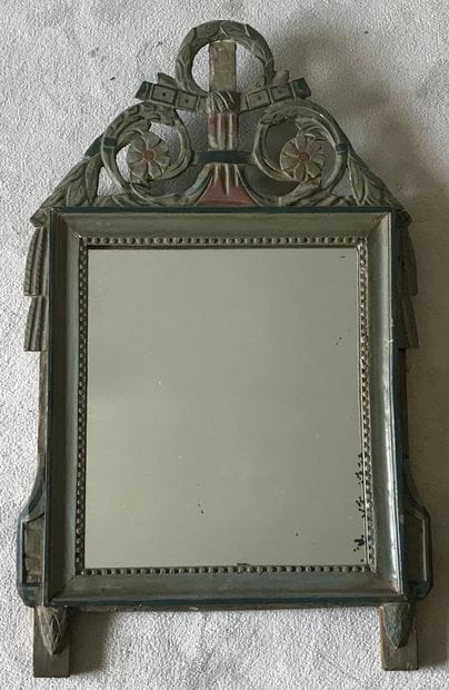 Mirror with a grey-green repainted wood frame....