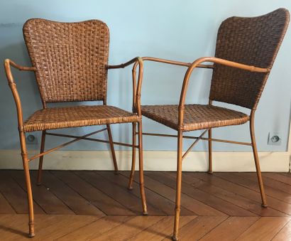 Pair of armchairs, the metal uprights painted...