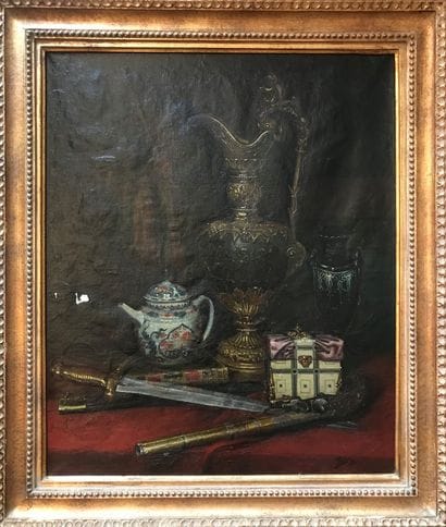 A. or H. RAUS: STILL LIFE WITH EWER AND COLLECTIBLES.

Oil...