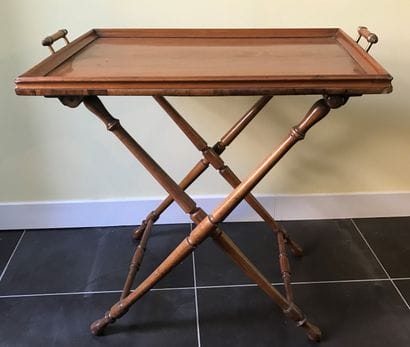 Varnished wood serving tray with two handles...