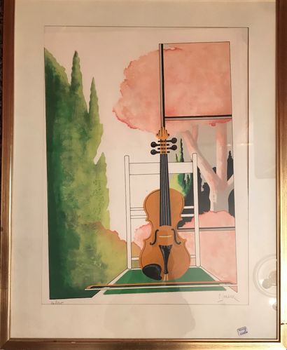 P. JONLIER : GUITARE SUR FOND DE PAYSAGE.

Lithographie...